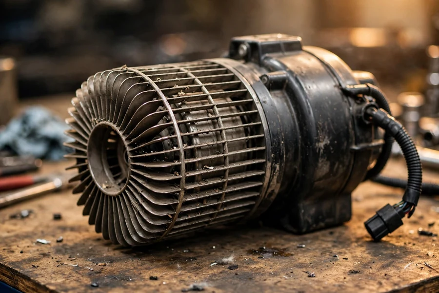 Car HVAC blower motor with squirrel-cage fan on a workshop bench
