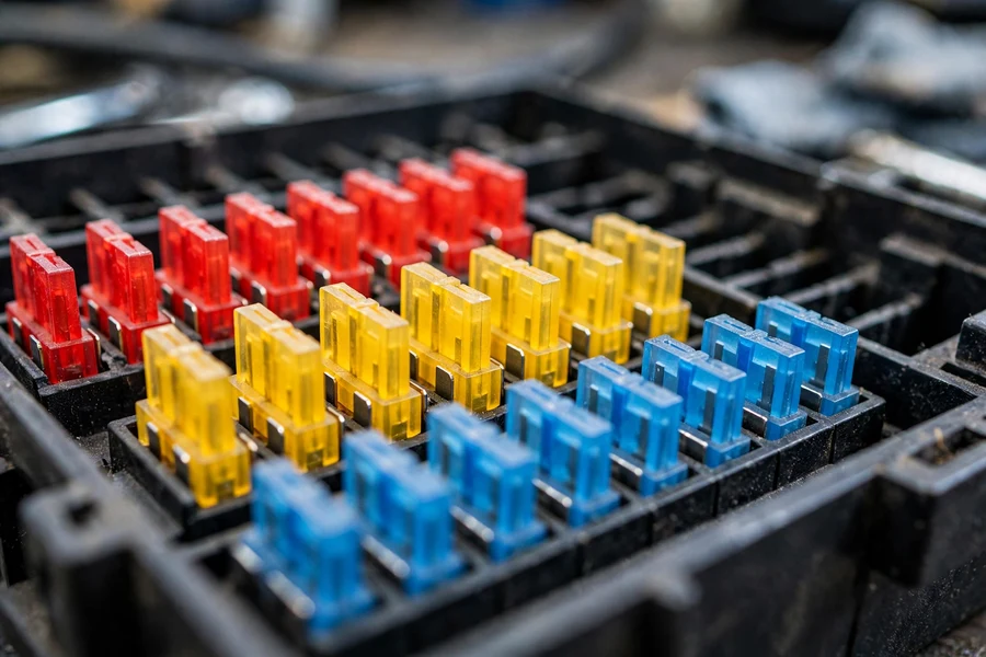 Automotive blade fuses in a BMW fuse box — checking the blower fuse
