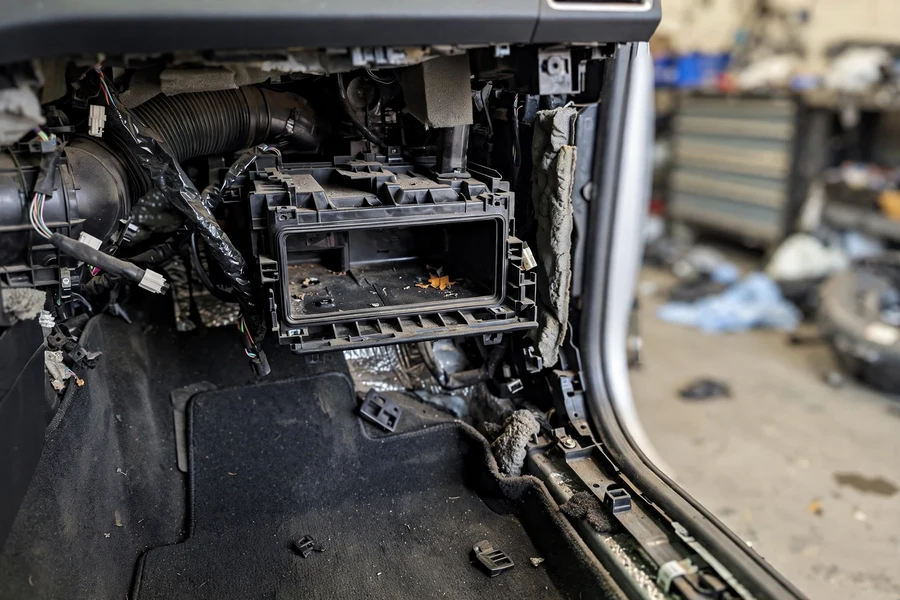 Passenger footwell with lower dashboard trim removed, exposing the BMW blower motor area