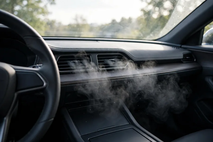 Car dashboard air vents with cool air flowing into the cabin