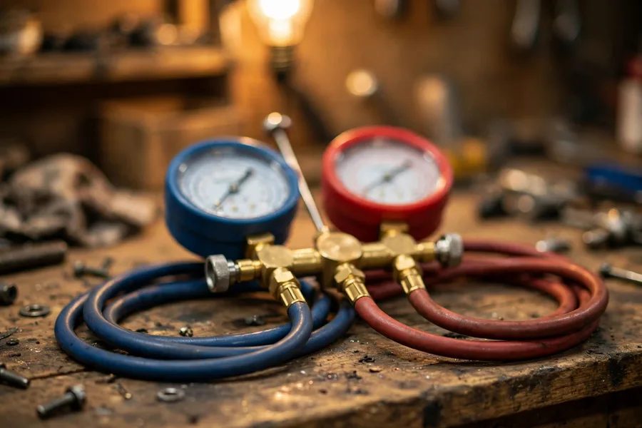 A/C manifold gauge set with red and blue gauges and service hoses on a workshop bench