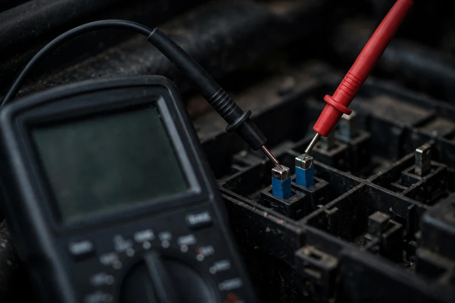 Multimeter probes testing a blade fuse in a car fuse box for continuity