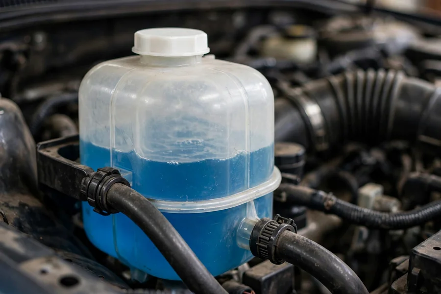 Close-up of a translucent coolant expansion tank filled with blue BMW coolant, white filler cap with no markings