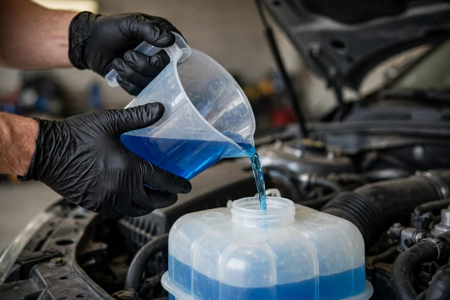Hands in black nitrile gloves pouring blue coolant from an unmarked jug into a car's expansion tank