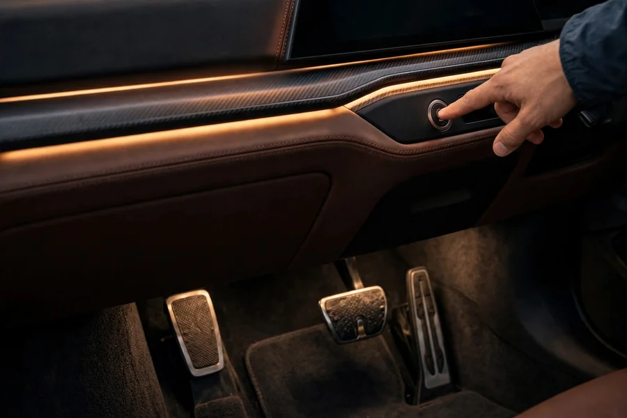 Driver's footwell showing the accelerator pedal and a hand pressing the dashboard start button, the inputs that trigger the pedal-actuated bleed routine