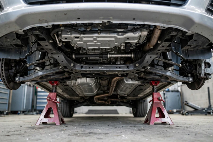 BMW 3 Series raised on jack stands under the front subframe in a garage