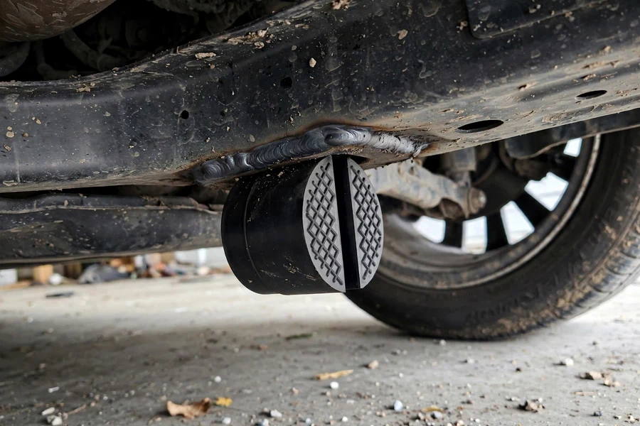 Rubber jack pad adapter resting under a car rocker panel near the front wheel