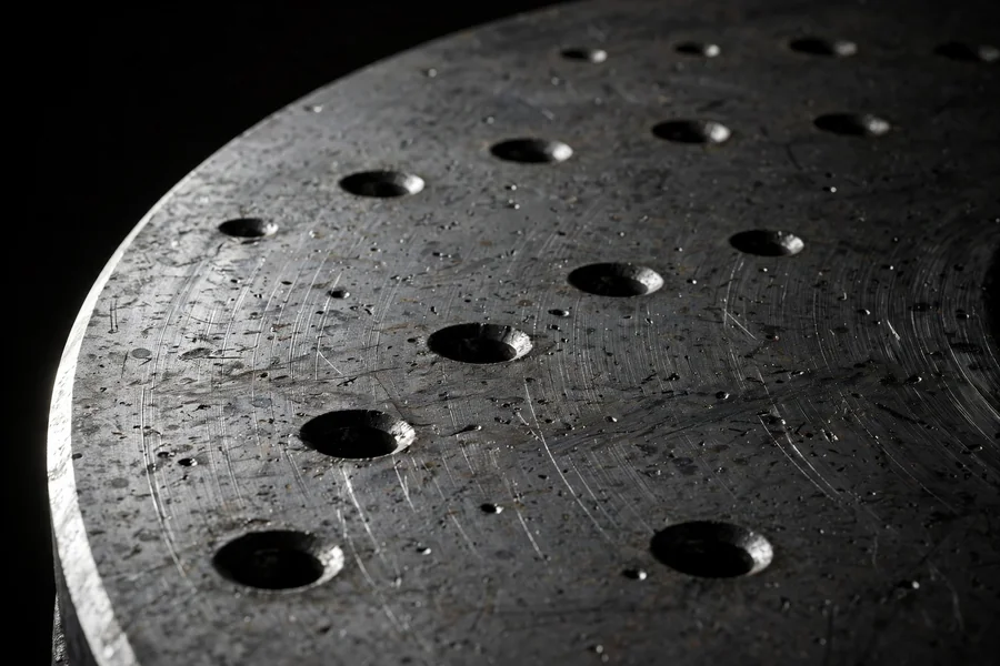 Macro view of a cross-drilled brake rotor friction surface with chamfered holes