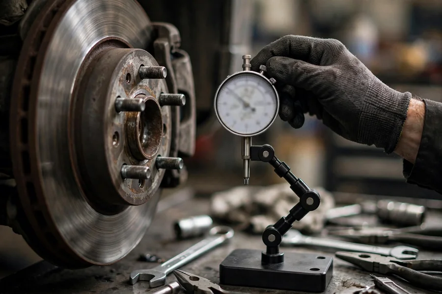 Technician checking brake rotor lateral runout with a dial indicator on a magnetic base