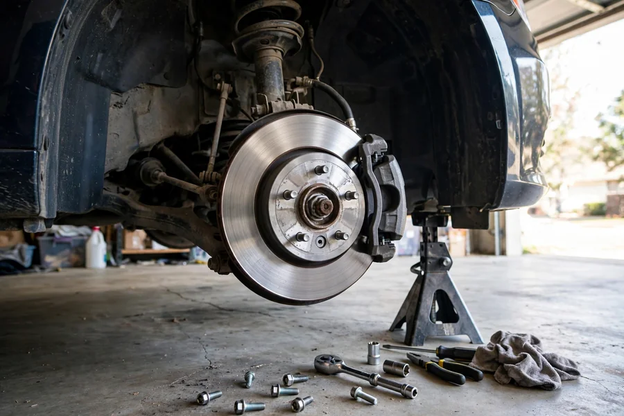 Front brake assembly with new rotor during a DIY brake job, car on a jack stand in a garage