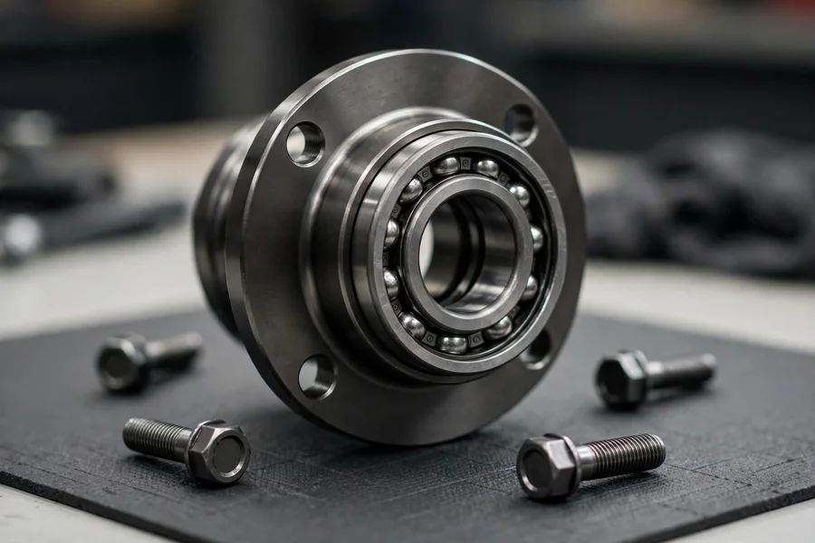 Close-up of a new bolt-on wheel hub assembly with bearing and mounting bolts on a workbench