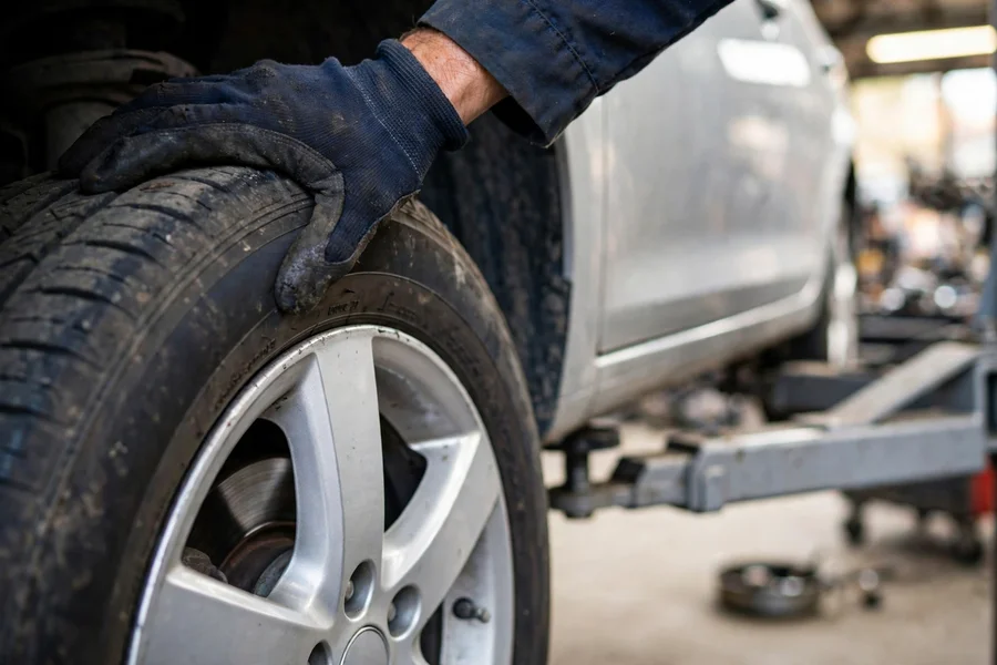 Mechanic checking a car tire for play on a lifted sedan in a repair shop