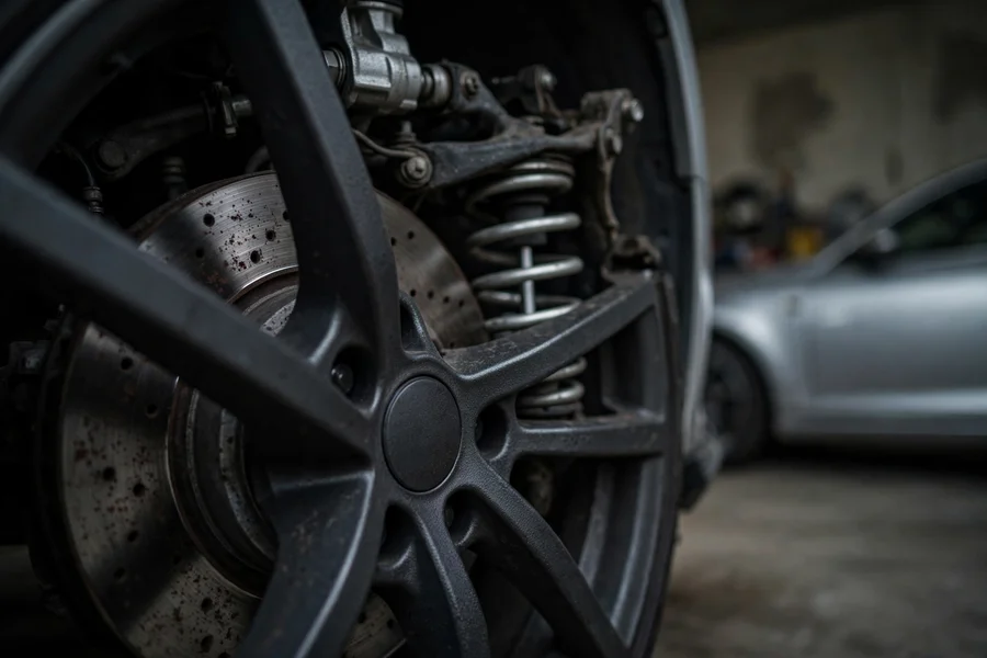 Car wheel with brake disc and suspension components visible behind a dark alloy wheel in a garage