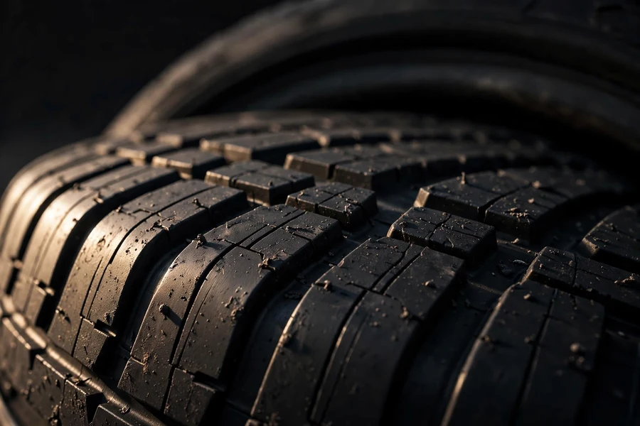 Close-up of a performance tire tread on a BMW 3 Series wheel, sidewall angled out of focus