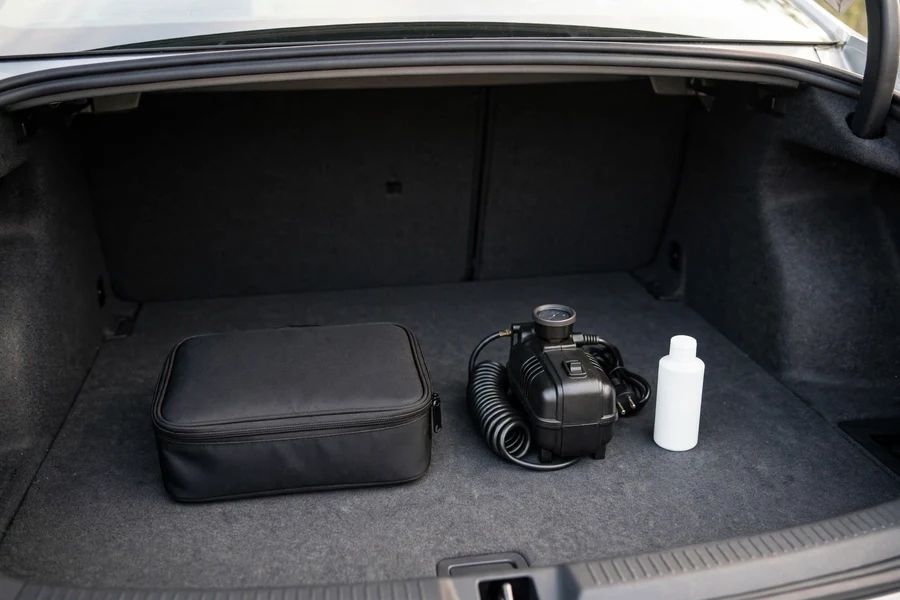 Tire mobility kit with air compressor and sealant bottle in a BMW 3 Series trunk