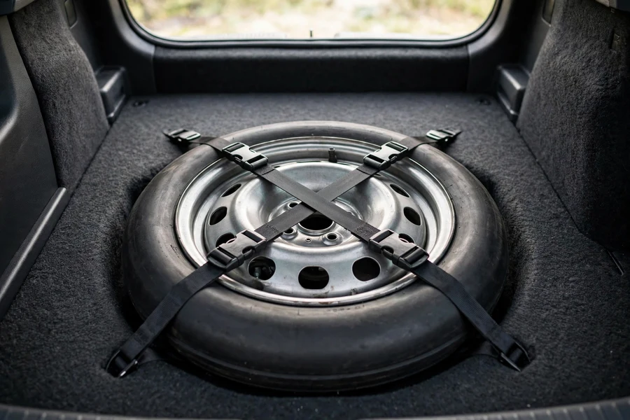 Space-saver spare wheel secured with straps in a car trunk