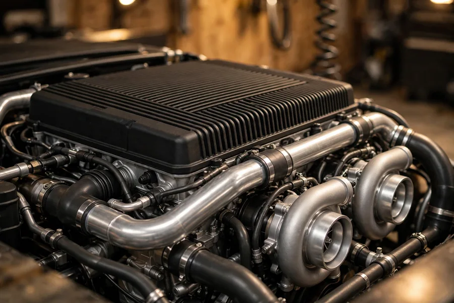 Twin-turbocharged BMW inline-six engine bay with intake piping and turbo hardware visible