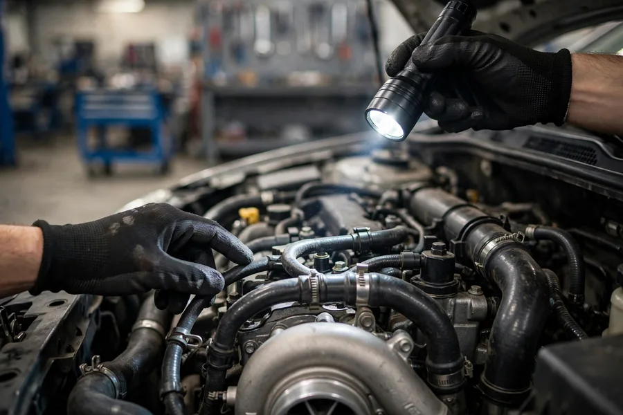 Mechanic's gloved hands inspecting a turbocharged BMW engine bay with a flashlight during a pre-purchase inspection