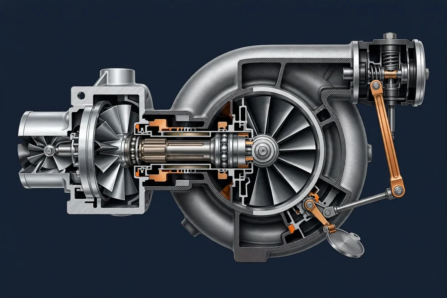 Cutaway illustration of a turbocharger showing the internal wastegate flap and actuator linkage arm