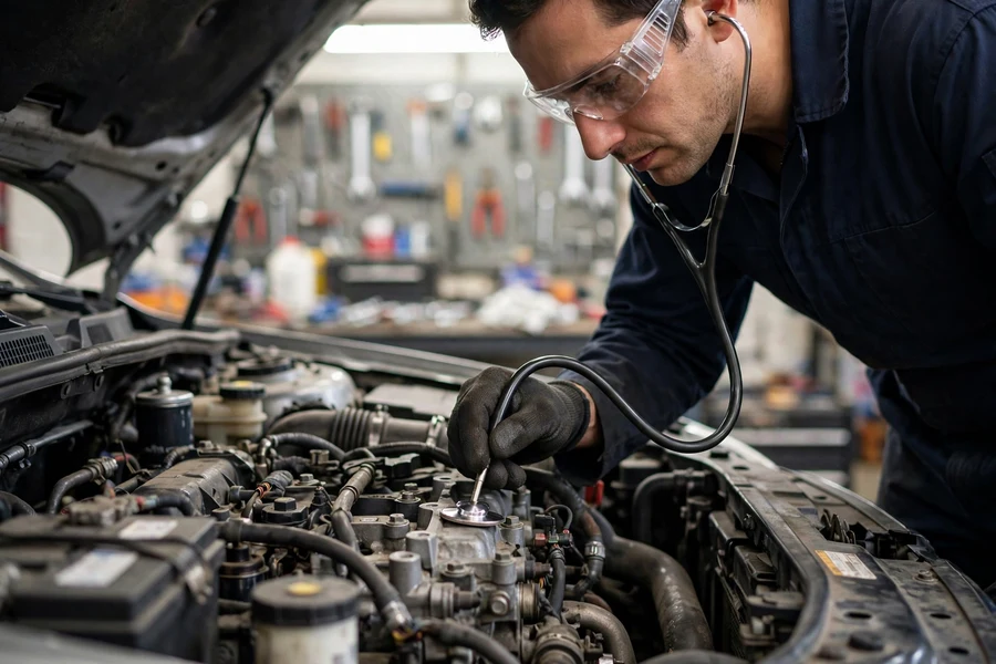 Mechanic using a stethoscope probe on an open engine bay to localize an engine noise