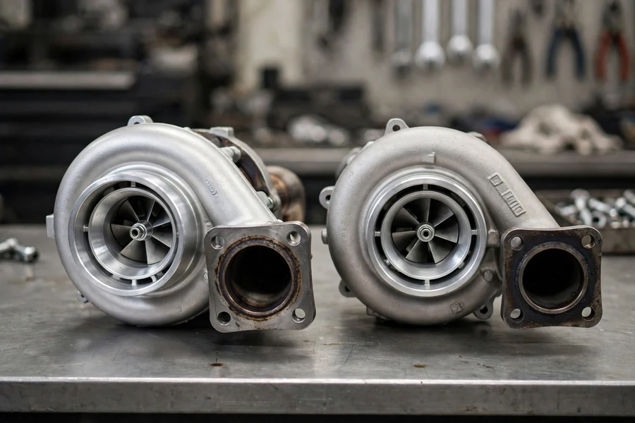 Two removed turbochargers sitting on a workshop bench during a replacement job