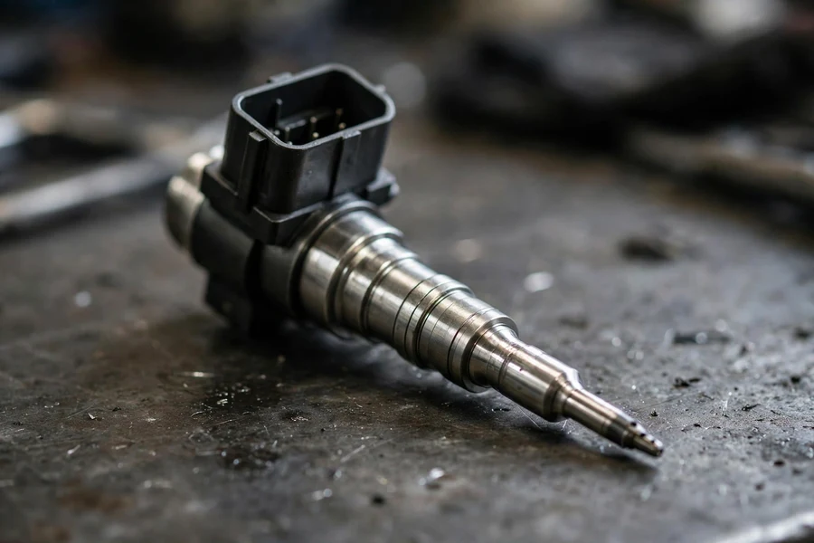 Close-up of a high-pressure direct-injection fuel injector on a workbench