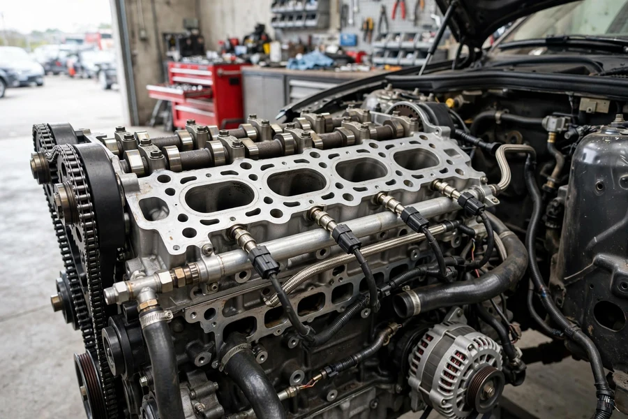 N54-style inline-six engine bay with intake removed exposing the fuel rail area