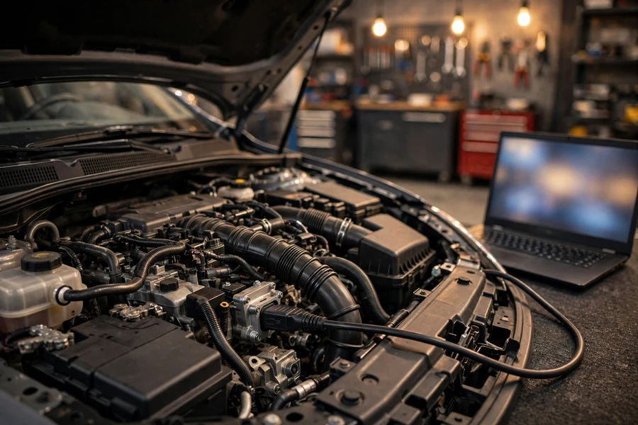 Laptop with diagnostic equipment connected to an open engine bay for coding