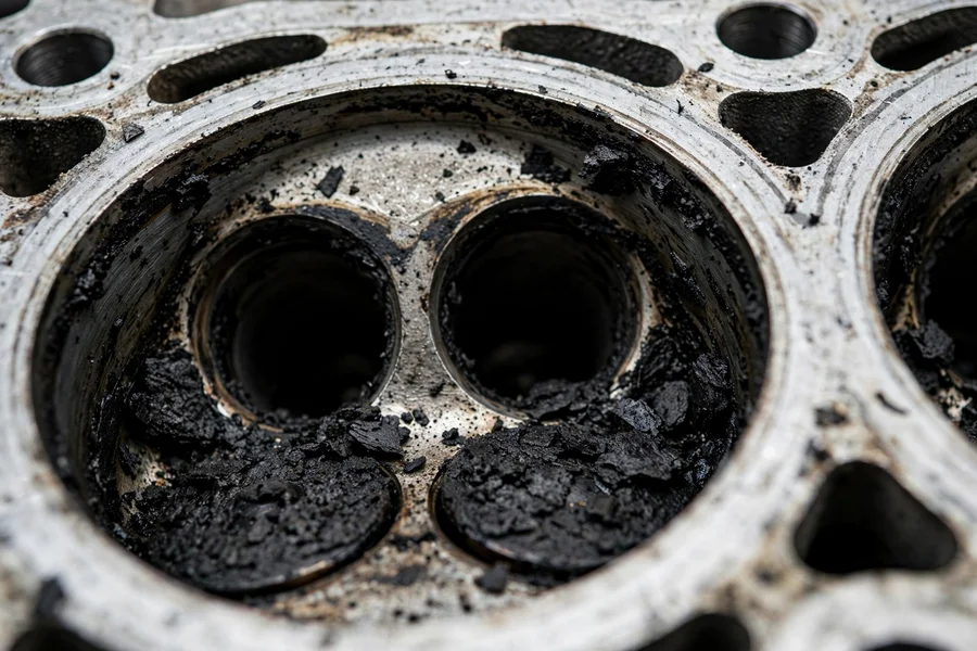 Heavy black carbon deposits coating the intake valves and port walls of a direct-injected BMW cylinder head before cleaning