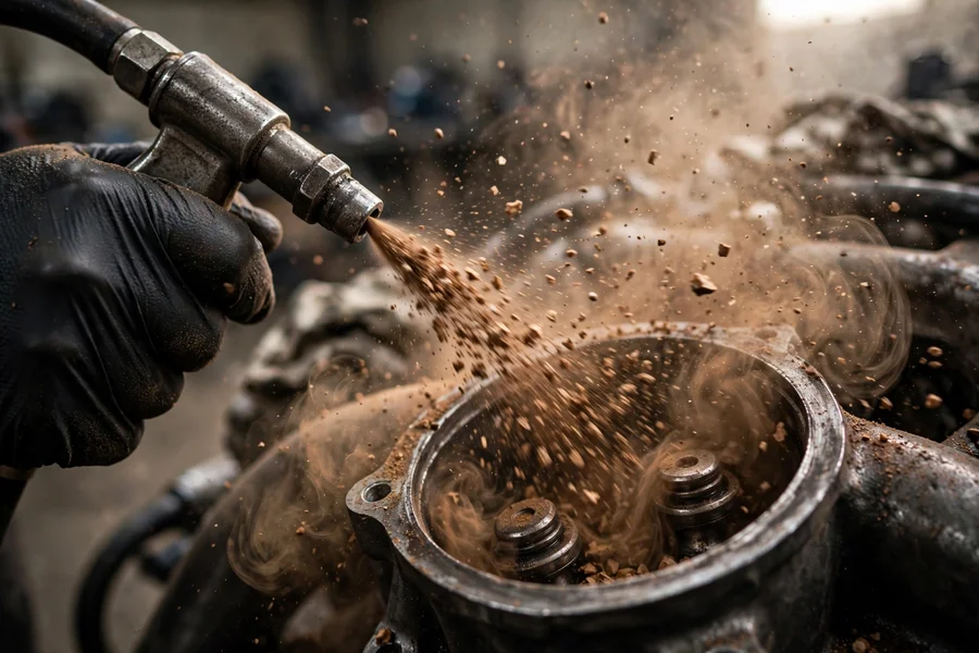 A walnut shell blasting gun spraying granular media into an engine intake port during a carbon cleaning service