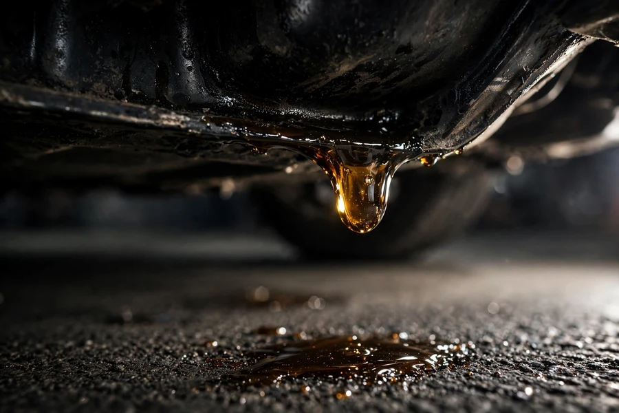 Fresh engine oil dripping from the edge of an oily BMW oil pan