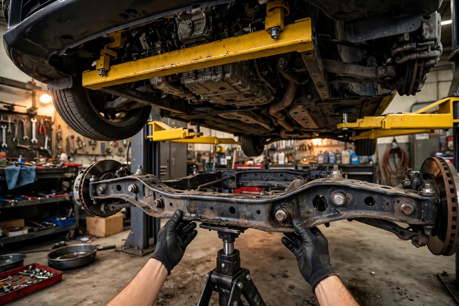 BMW front subframe lowered on a jack with an engine support bar holding the engine from above