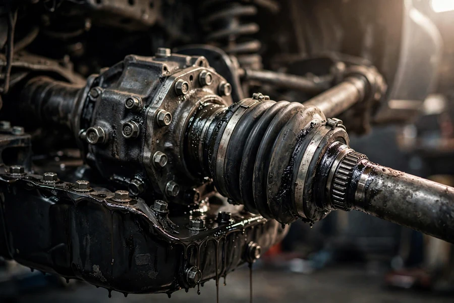 xDrive front axle shaft and differential housing beside an oily BMW oil pan