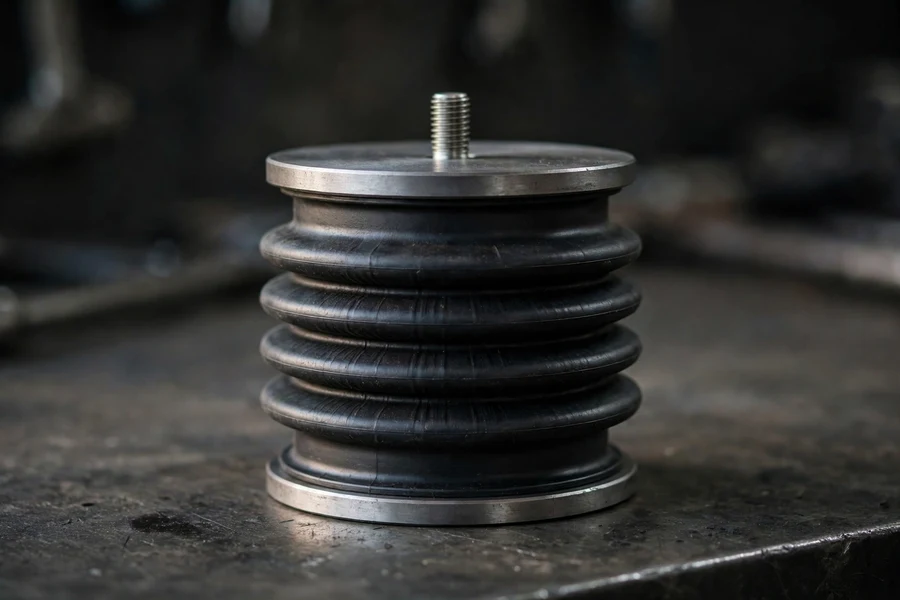 A hydraulic rubber-and-steel engine mount with ribbed bellows and threaded stud on a workbench