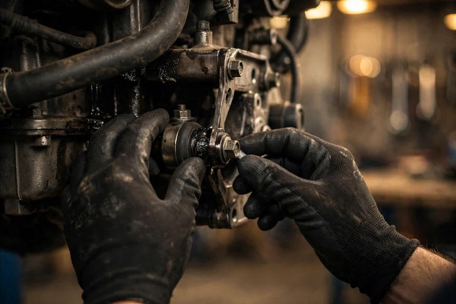 A mechanic's gloved hands inspecting an engine mount area in a BMW engine bay