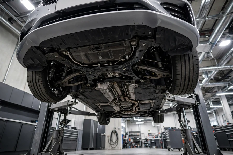 A BMW 3 Series sedan raised on a workshop lift with the underbody and front subframe visible