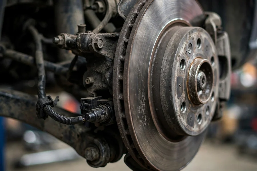 Close-up of a wheel speed sensor and its wiring harness mounted at a brake rotor hub