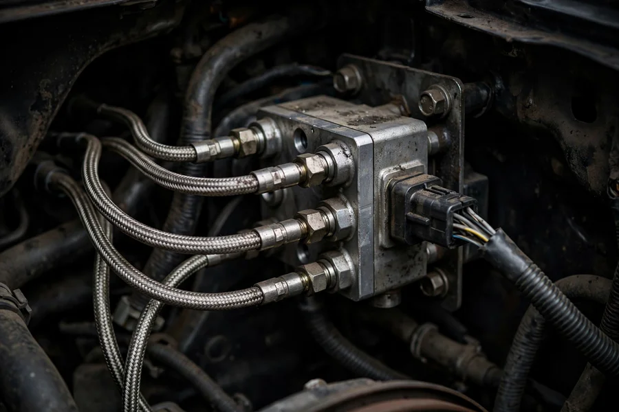 DSC hydraulic control unit with steel brake lines and an electrical connector in an engine bay