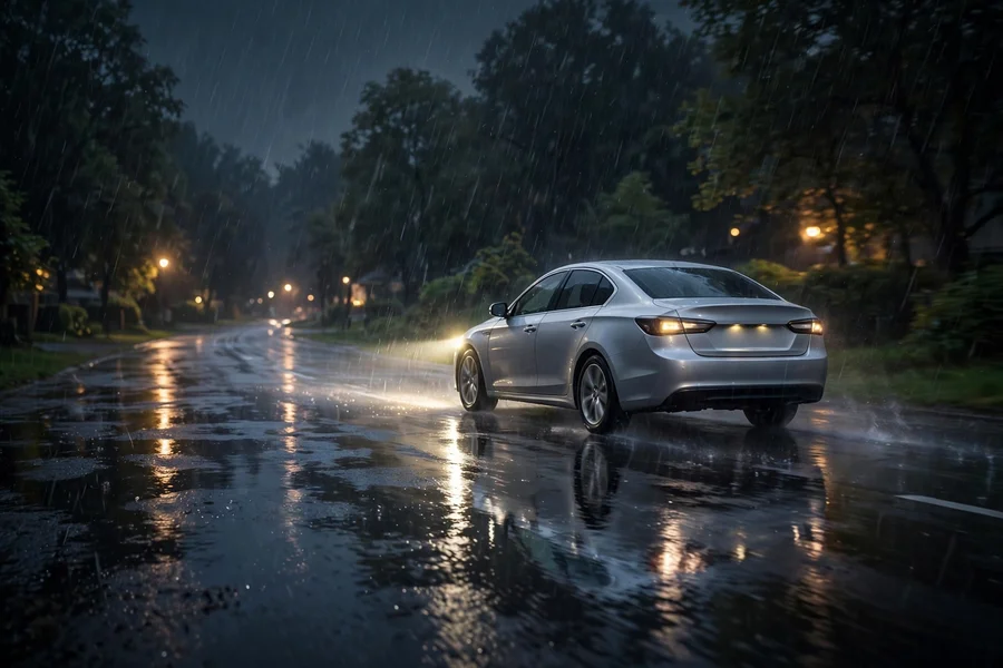 Silver sedan driving on a rain-soaked road at night — the exact conditions where missing ABS and DSC matter most