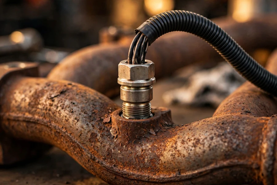 Close-up of an oxygen sensor threaded into a car's exhaust manifold