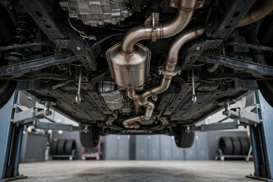 Car exhaust system with catalytic converter visible on a workshop lift