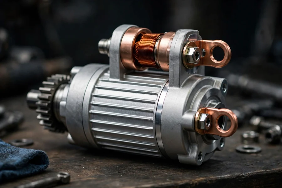 Close-up of a car starter motor with solenoid and copper terminals on a workbench