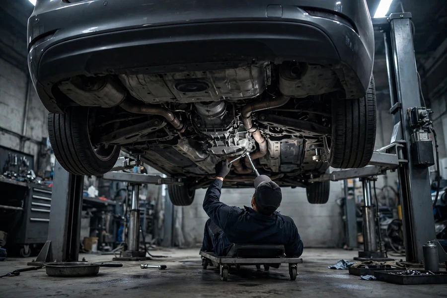 Mechanic working under a BMW on a lift near the transmission bell housing area