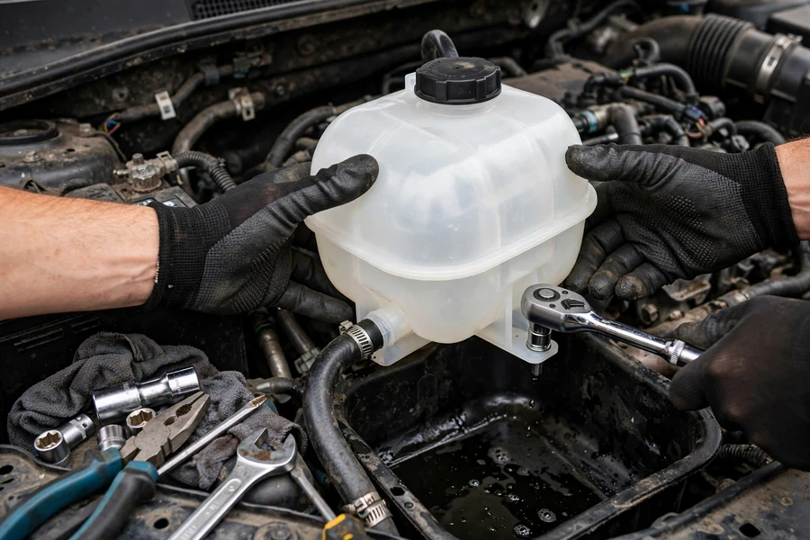 Mechanic's gloved hands installing a new translucent coolant expansion tank in a BMW engine bay