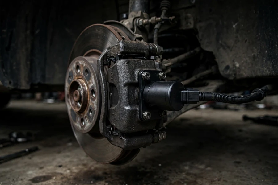 Rear brake caliper with the electronic parking brake actuator motor mounted on its back, wheel removed