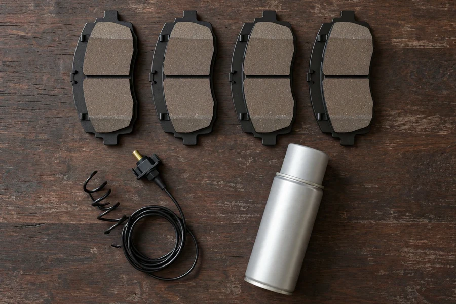 New brake pads, a brake pad wear sensor with its wire, and brake cleaner arranged on a workbench