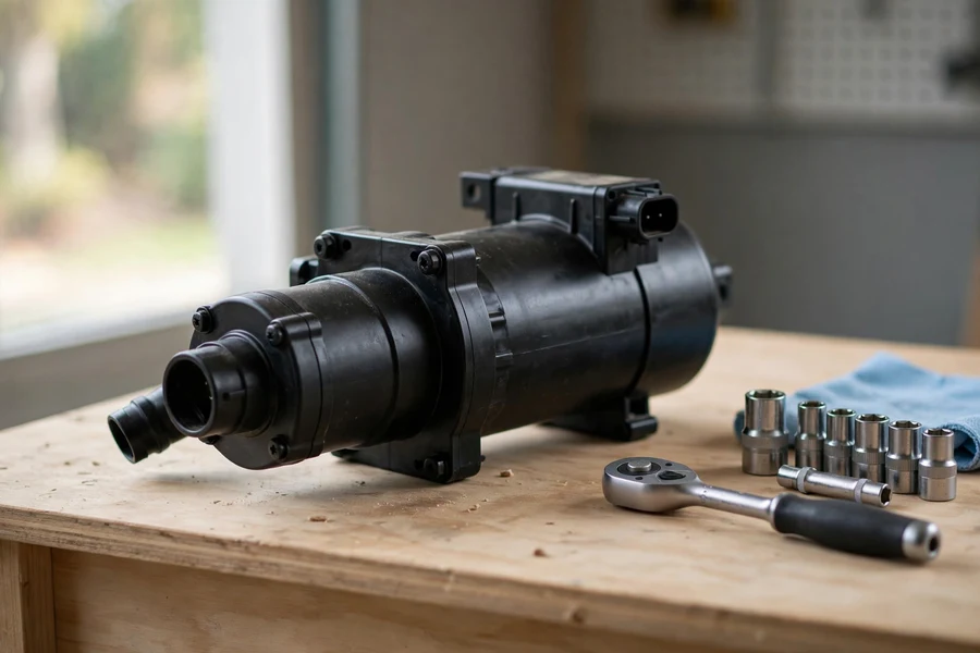 Removed electric BMW water pump with thermostat housing on a workbench next to sockets and a ratchet