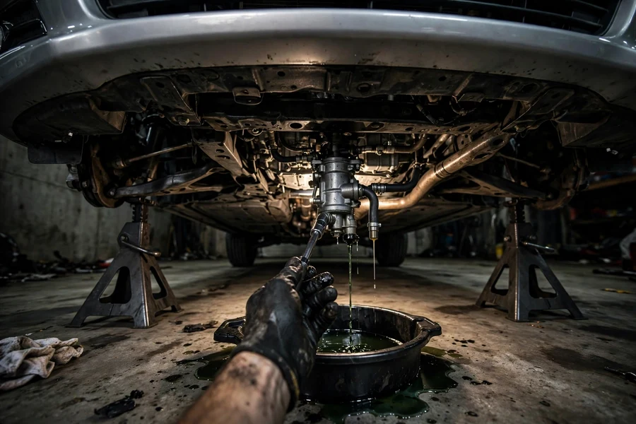 Mechanic draining coolant from under the front of a BMW raised on jack stands