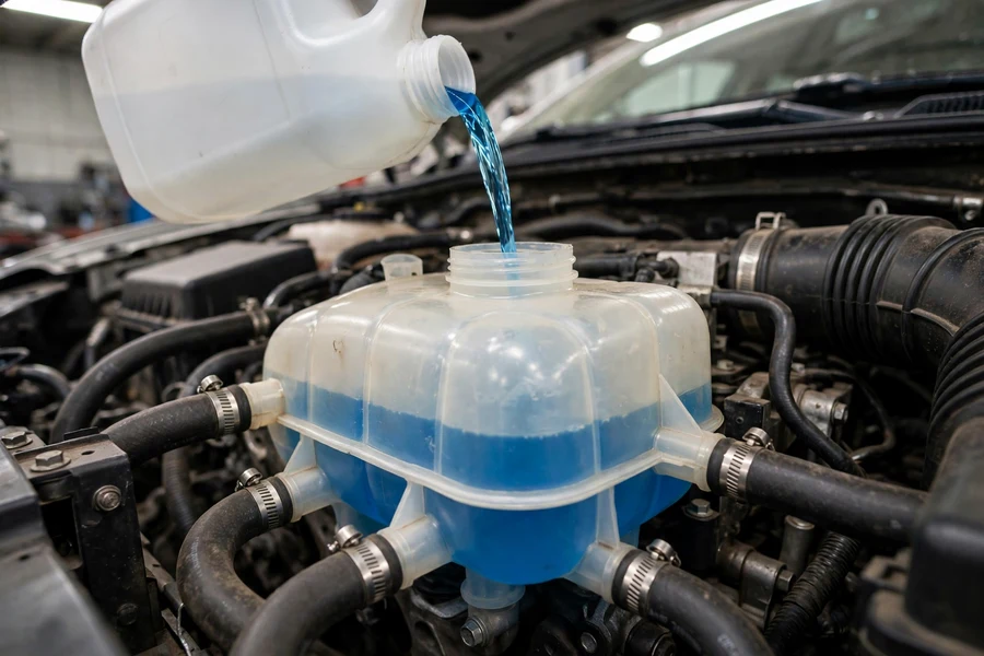 Blue BMW coolant being poured into a coolant expansion tank from an unmarked jug