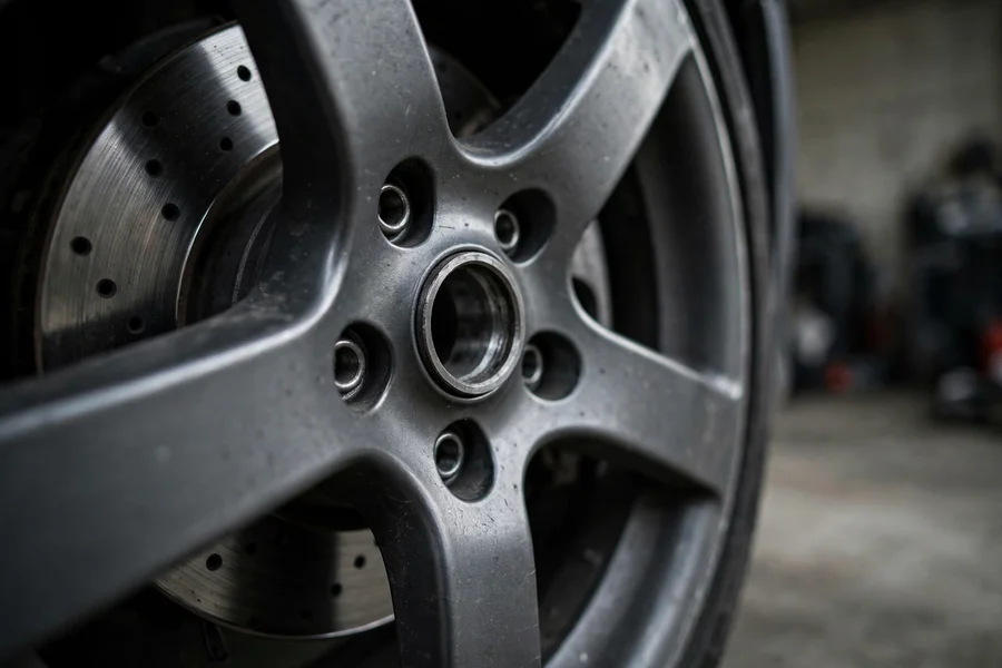 Close-up of an alloy wheel hub showing lug bolt holes and center bore